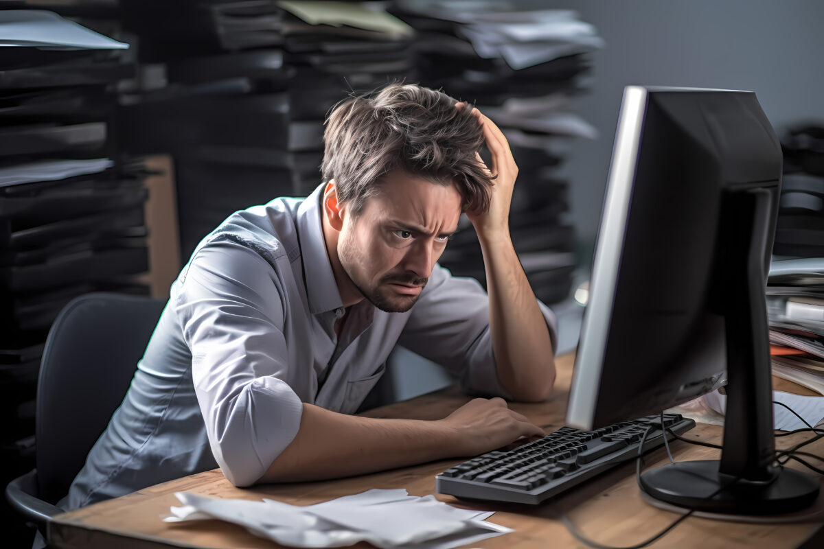 Profissional homem com a mão na cabeça com ansiedade e estresse no trabalho